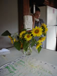 Flowers and one of the posters left by the Wielgas to welcome us home