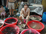 Fishmonger.  After a customer selects a fish, the fishmonger whacks in on the ground to stun it, places it on the scale, scales it, cuts it open and tears out the guts, and then hands it over - sometimes still flopping a bit - to the customer.