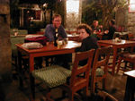 Maggie and Mark relaxing at Trekker's Lodge.  (That's Monica's beer mug, not Maggie's!)