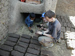 Tote and Ahmed checking out kittens near drying mudblocks