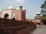 The jawab and mosque obviously contrast with the mausoleum in color.  Curiously, they also seem to contrast in texture.  