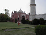 This is the mosque.  It sits on one side of the mausoleum and the  jawab.  The buildings are different but symmetric and indistinguishable in most respects.