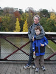 Beautiful girls on suspension bridge in park